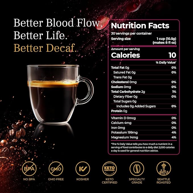 VINIA Decaf Medium Dark Roast with Red Grape Piceid Resveratrol, Nitric Oxide for Heart Health, Alertness, Physical Energy & Blood Flow Circulation. 60ct K-Cup Pods