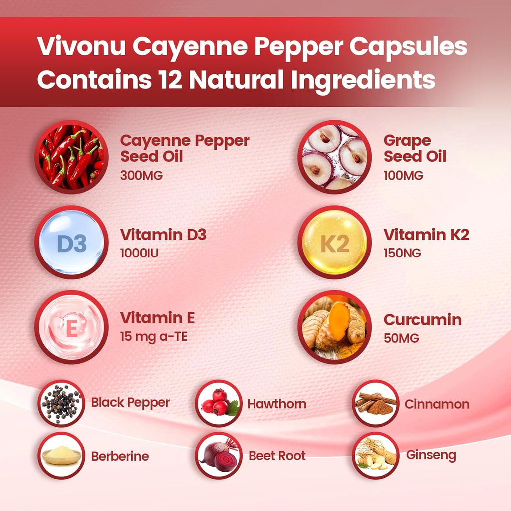 VivoNu Cayenne Pepper Softgels Supplement, Supports Leg Vein, Heart and Blood Vessel Health, with Vitamin E D3+K2 and Extracts of Grape Seed, Hawthorn, Beetroot, Berberine and Other