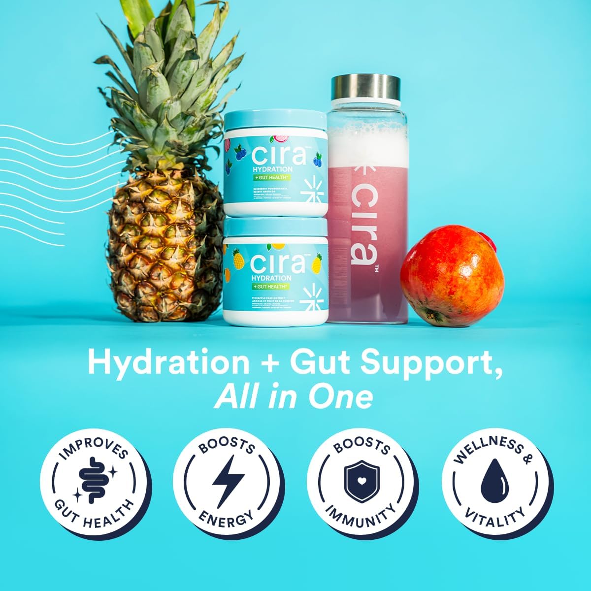 Cira Hydration + Gut Health Powder (45 Servings) - Electrolyte Drink Mix with Prebiotics & Probiotics for Digestion, Hydration & Recovery - Naturally Flavored with Stevia - Pineapple Passionfruit