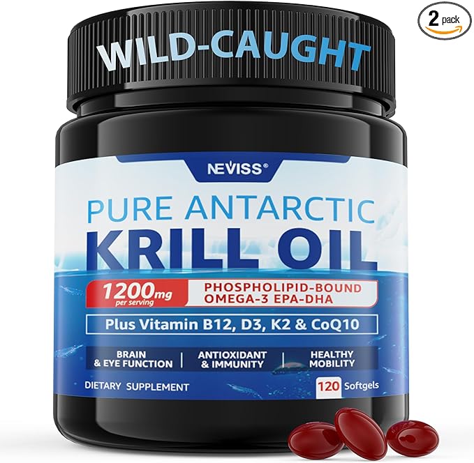 2 Pack Antarctic Krill Oil Omega 3 Softgels 1200mg (Made in USA) W/Phospholipids, Choline & Astaxanthin, Sustainably Sourced of Omega-3s EPA, DHA Support Brain, Antioxidant & Immunity, No Fish Burp