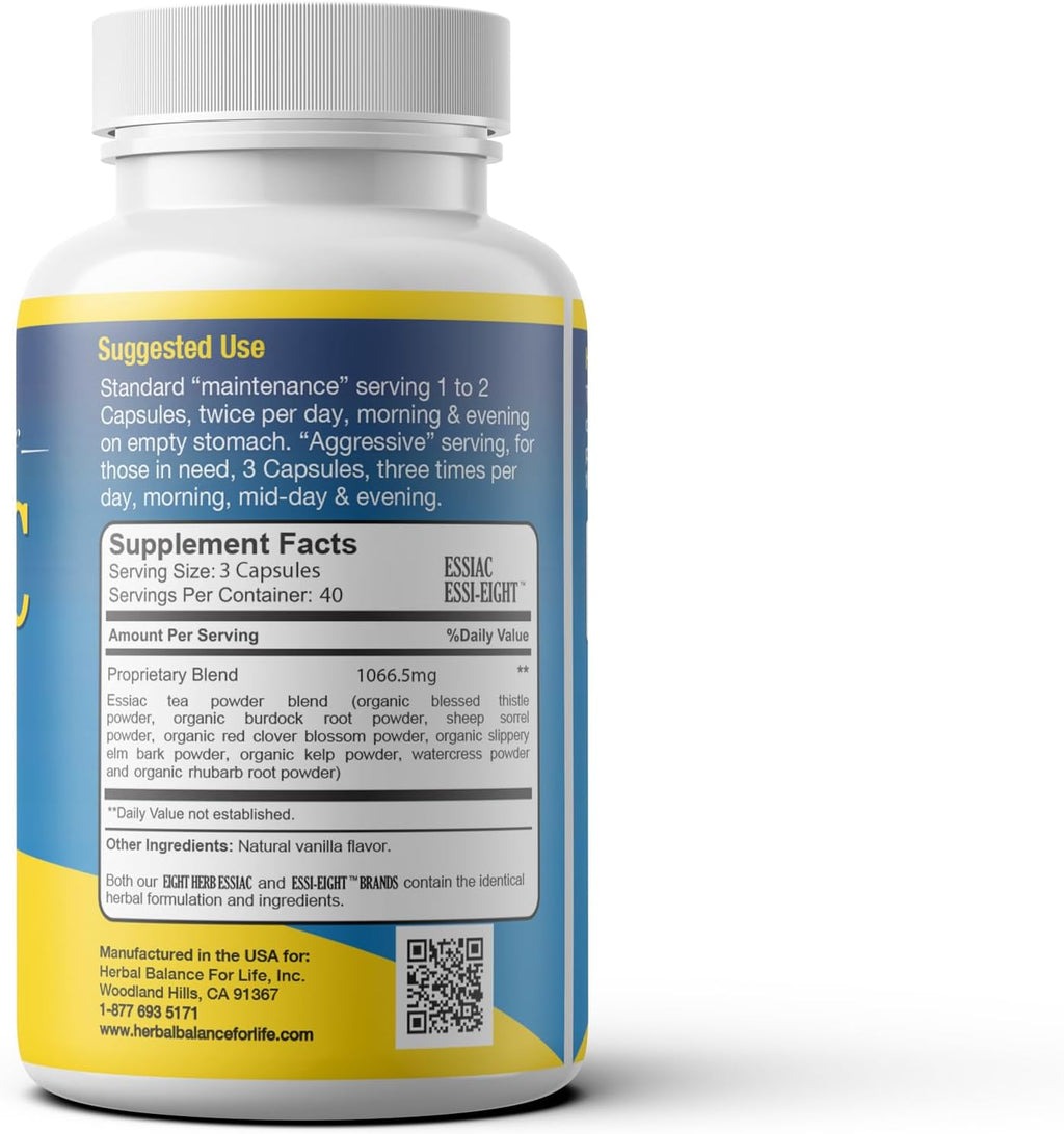 Natural Essiac Tea 8 Herb Capsules, 1066.5 mg per Serving - 120 Capsules, with Sheep Sorel Roots, More Potent 8-herb Essiac Tea Formula by Nurse Rene Caisse & Dr. Charles Brusch in The 1950s
