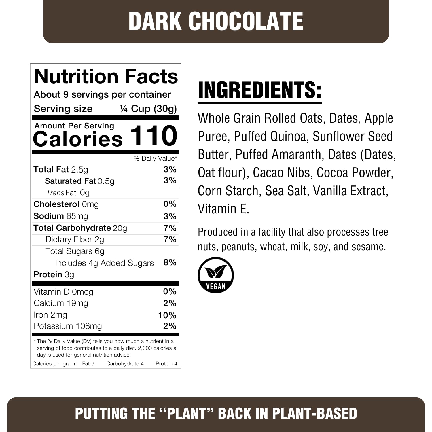 PLANTSTRONG Dark Chocolate Granola Snack Mix - Whole Grain, Naturally Sweetened With Fruit, Plant Based, Oil Free - Pack of 4 x 9oz Bags