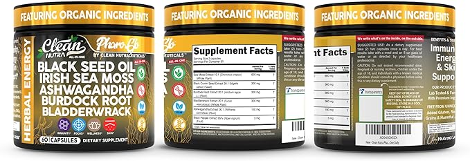 Clean Nutra Black Seed Oil Capsules + Sea Moss Ashwagandha Burdock Root Bladderwrack Seaweed Skin Detox Stress Relief Immune Support Focus Supplement Nigella Sativa 60 Pills