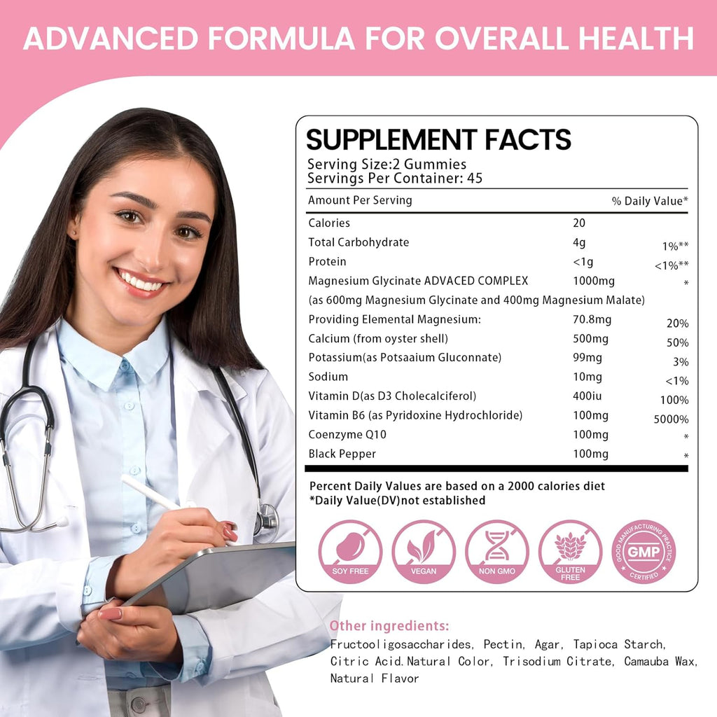 Magnesium Glycinate Gummies 1000mg, High Absorption Sugar Free Magnesium Potassium Supplement for Relaxation, Stress Relief, and Sleep Support for Adults & Kids - 90 Peach Gummies