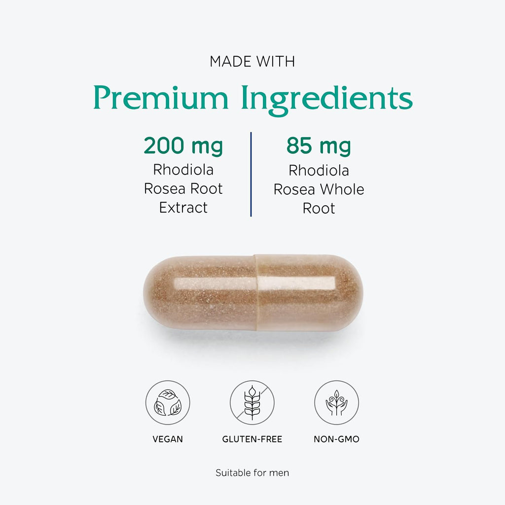Vitanica Rhodiola Rosea Root Extract 200mg, Dr. Formulated, 3% Rosavins & 1% Salidroside, Rhodiola Root 85mg, Vegan, 60 Capsules