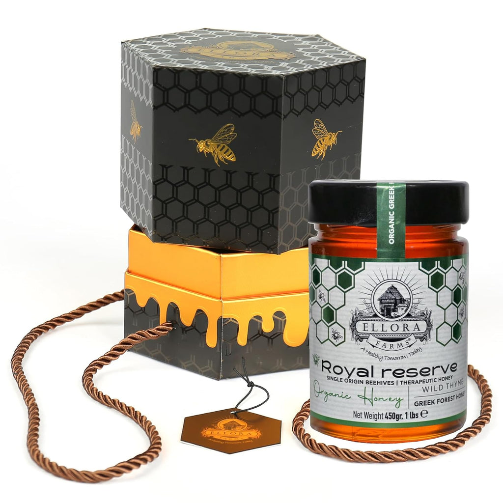 Ellora Farms Organic Honey, Wild Thyme Raw Honey Organic Unfiltered, Preservative and Additive Free, 2025 Paris and Dubai Gold Awards Winner, Gift Pack with Dipper - 450 g