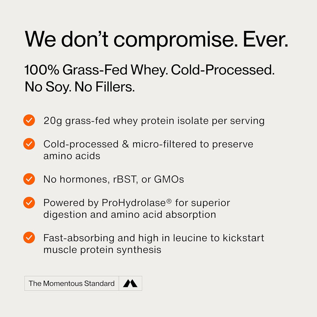 Momentous Essential Grass-Fed Whey Protein Powder - 20 g Whey Isolate Protein - NSF Certified for Sport - Gluten-Free - 24 Servings for Essential Everyday Use - Chocolate - Package May Vary