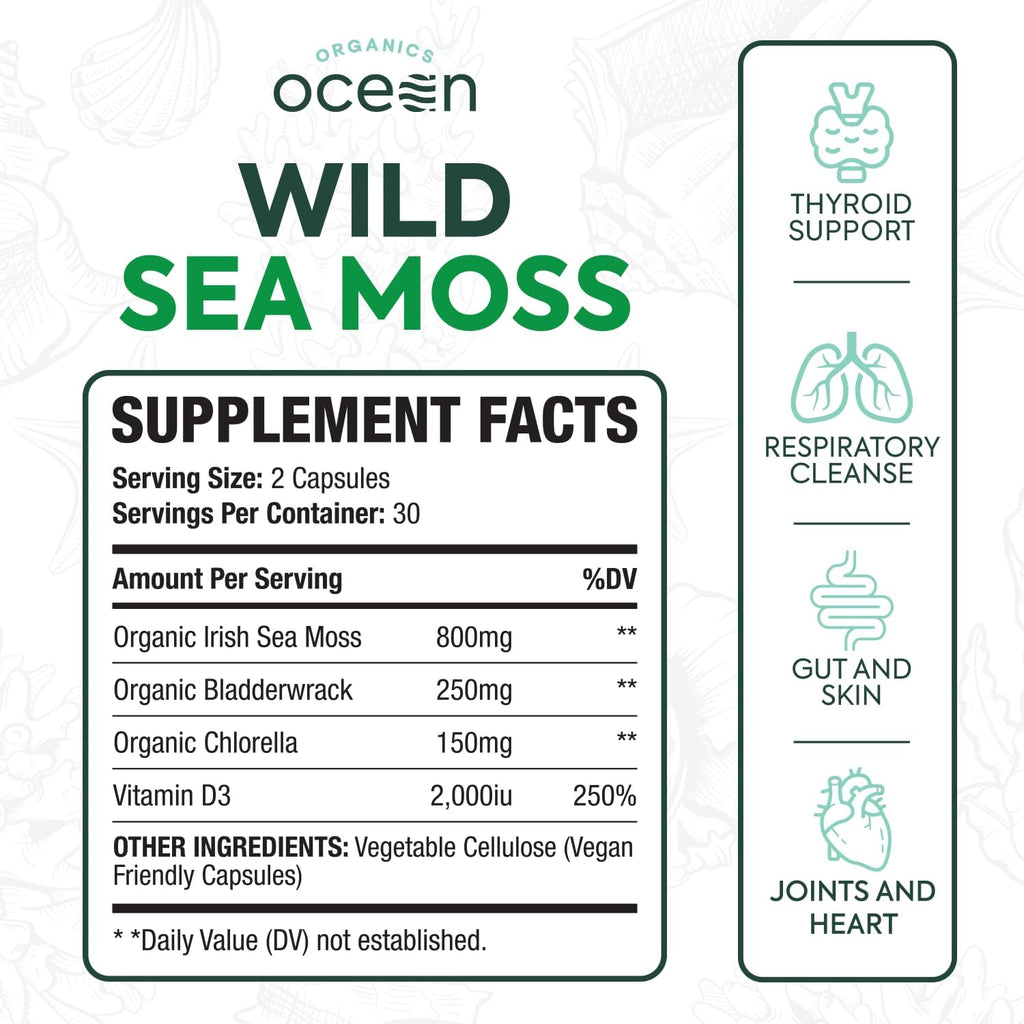 Wild Sea Moss Capsules - 100% Organic Irish Sea Moss with Organic Chlorella, Bladderwrack and Vitamin D for Energy, Lung Health and Thyroid Support for Women and Men - 3 Bottles
