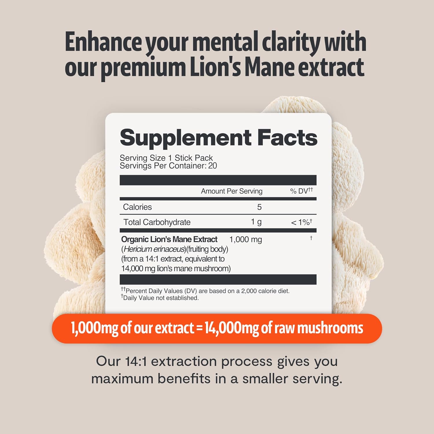 FreshCap Lions Mane Powder 14,000 mg - Lion's Mane Mushroom Powder, 31% Beta-Glucans Nootropic Lions Mane Extract High Potency 14:1 for Memory, Focus & Clarity - Brain & Cognitive Support (20 Sticks)