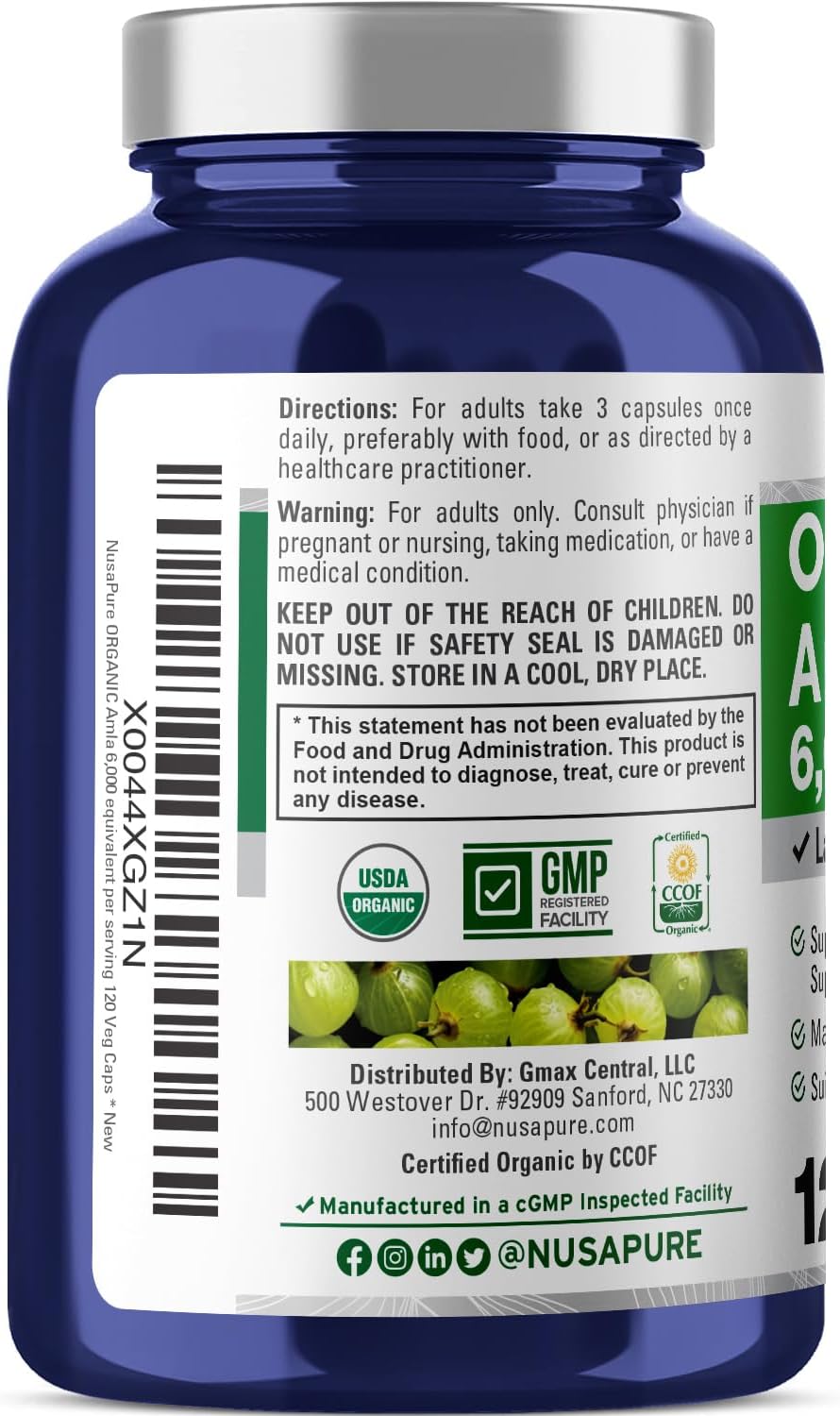 NusaPure Organic Amla Capsules 10:1 Extract, 600 mg Equivalent to 6,000mg | 120 Count | Amalaki Fruit | USDA, Vegan, Non-GMO Supplement