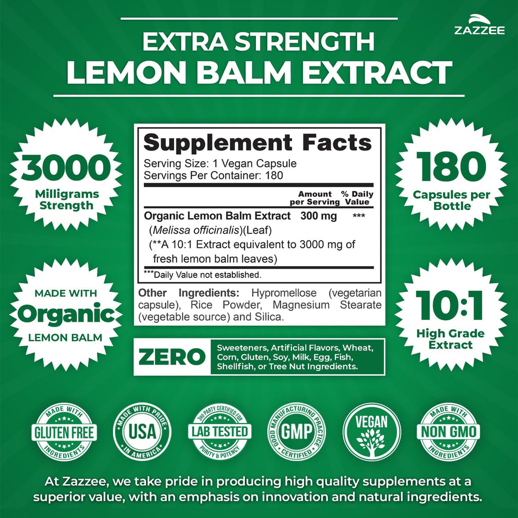 Zazzee Organic Lemon Balm 10:1 Extract, 3000 mg Strength per Capsule, 180 Vegan Capsules, 6 Month Supply, Standardized and Concentrated 10X Extract, 100% Vegetarian, All-Natural and Non-GMO