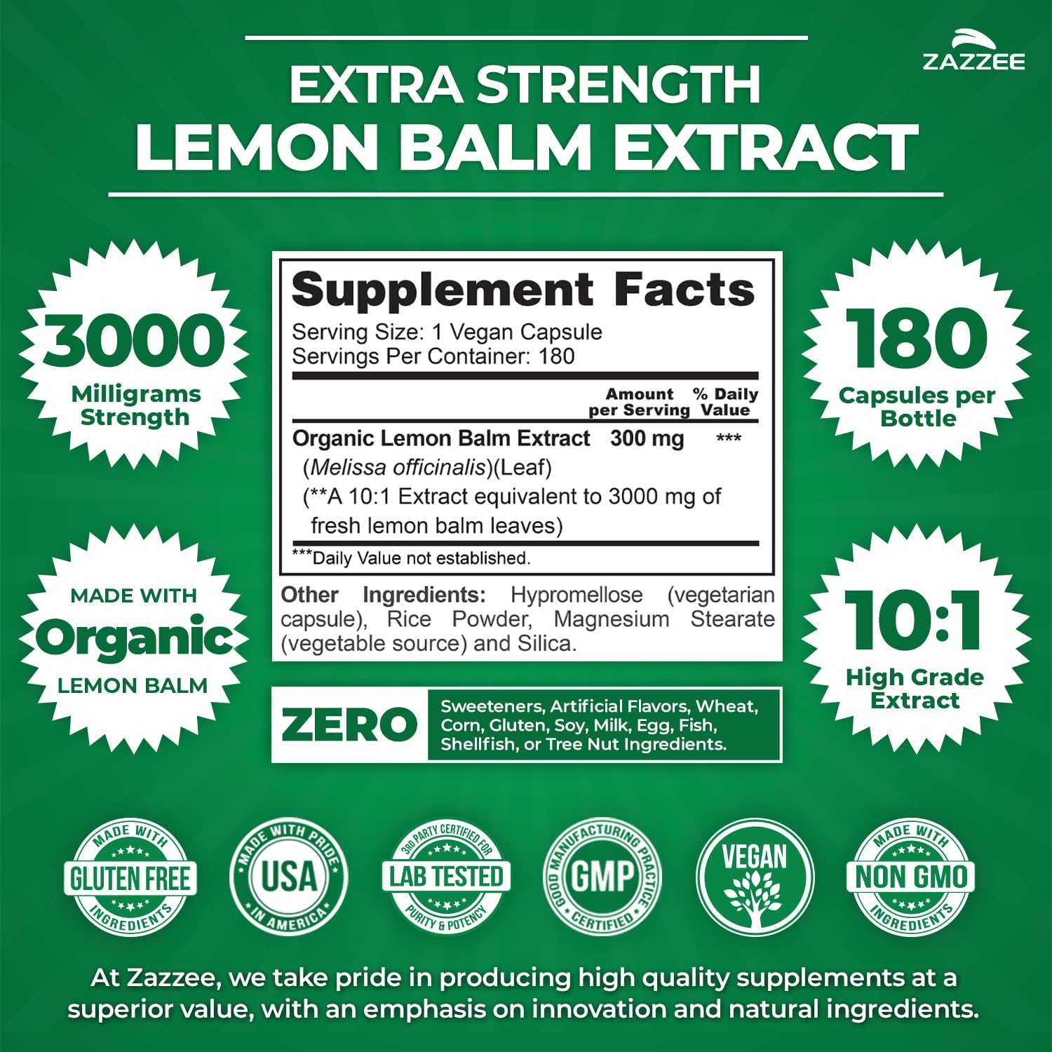 Zazzee Organic Lemon Balm 10:1 Extract, 3000 mg Strength per Capsule, 180 Vegan Capsules, 6 Month Supply, Standardized and Concentrated 10X Extract, 100% Vegetarian, All-Natural and Non-GMO