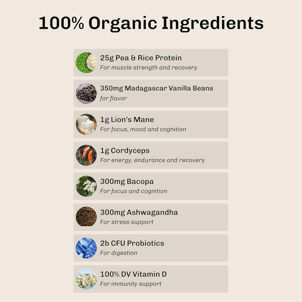 MUDWTR Nourish | Vanilla Mushroom Protein Powder | 2,000mg Adaptogenic Mushrooms | Vegan Protein Powder | USDA Organic | Focus, Mood & Digestion Support | Vanilla, Lion's Mane, Bacopa | 15 Servings