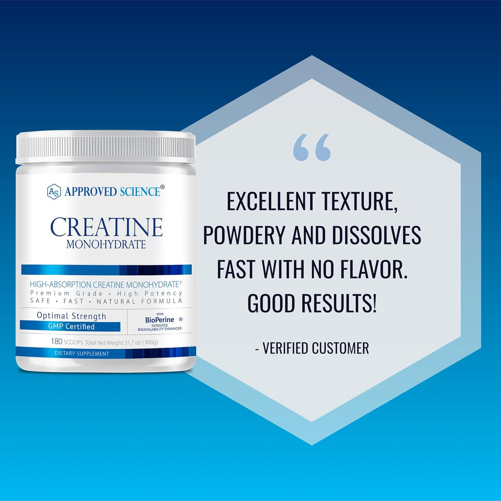 Approved Science Creatine Monohydrate Powder with BioPerine - Supports Lean Muscle Growth and Recovery - 180 Servings - 5g Per Serving - Unflavored - Non-GMO, Vegan