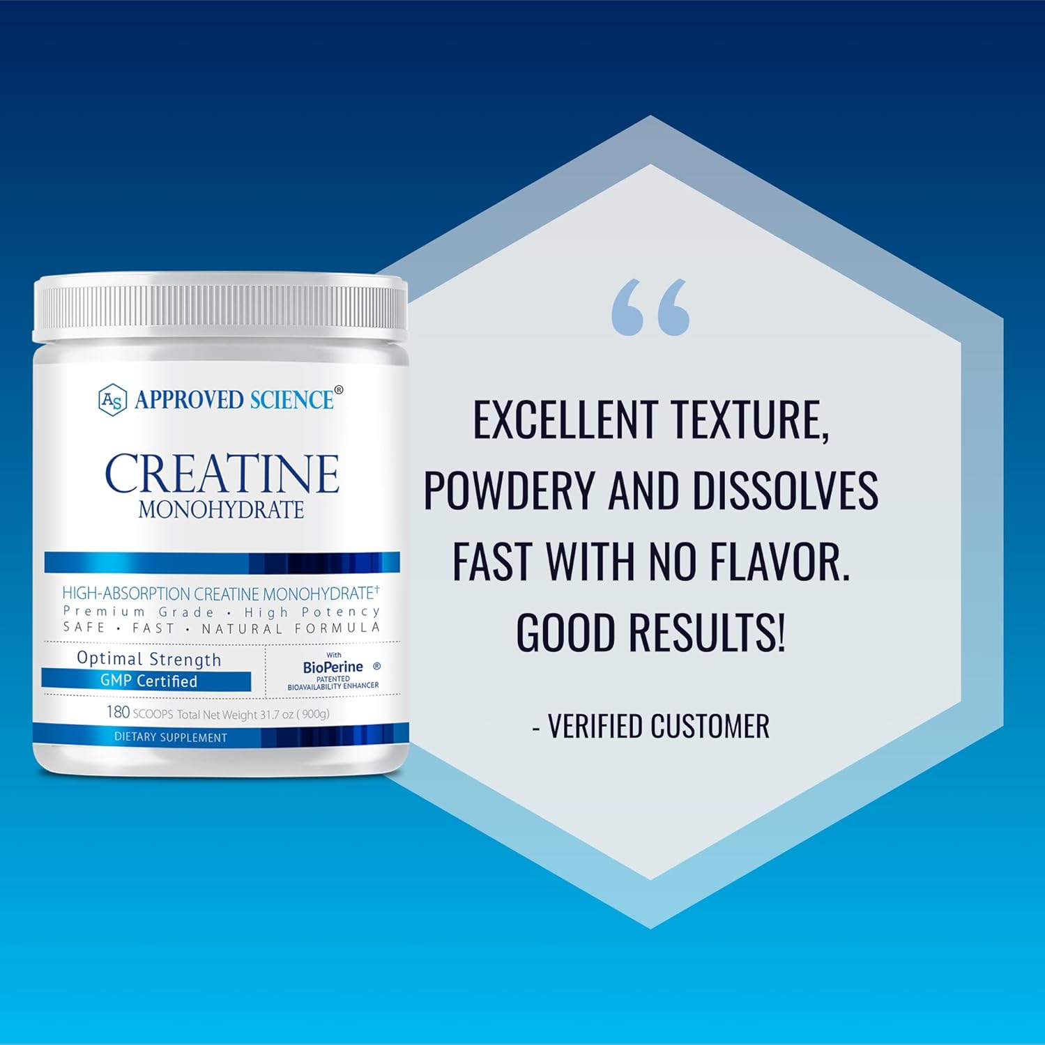 Approved Science Creatine Monohydrate Powder with BioPerine - Supports Lean Muscle Growth and Recovery - 180 Servings - 5g Per Serving - Unflavored - Non-GMO, Vegan