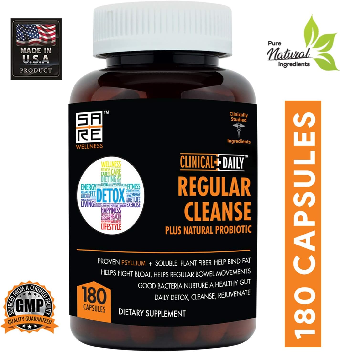 Clinical Daily Regular Cleanse Plus Natural Probiotic - Colon Cleanse & Gut Detox Supplement - Assists with Energy and Constipation Relief - Herbal Dietary Fiber Psyllium Husk Capsules - 180 Count