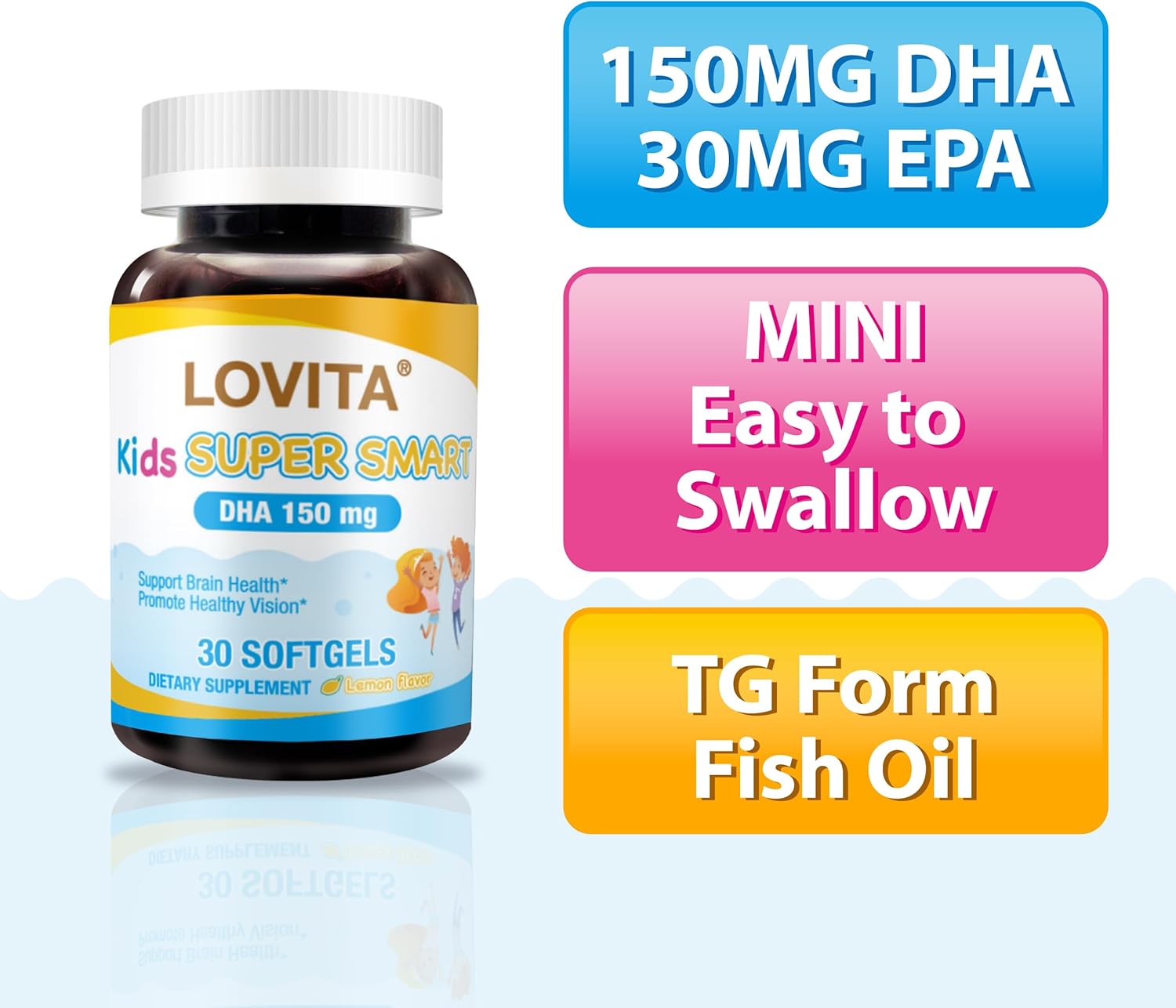 Lovita Kid’s Super Smart, Omega-3 for Children, 180 mg Total DHA & EPA, Lemon Flavor Fish Oil, Support Brain & Vision Health, 30 Softgels