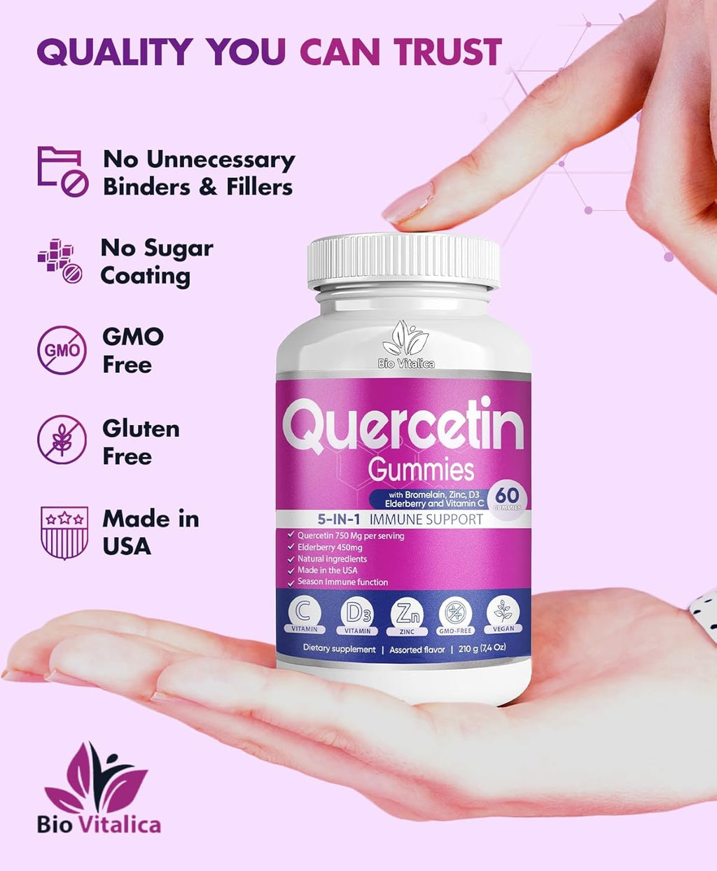 Quercetin Gummies by BioVitalica - Quercetin with Bromelain Vitamin C and Zinc & Elderberry + Vitamin D3-5 in 1 Immune Support - Zinc Quercetin 750 mg for Kids and Adult (5, Quercetin)
