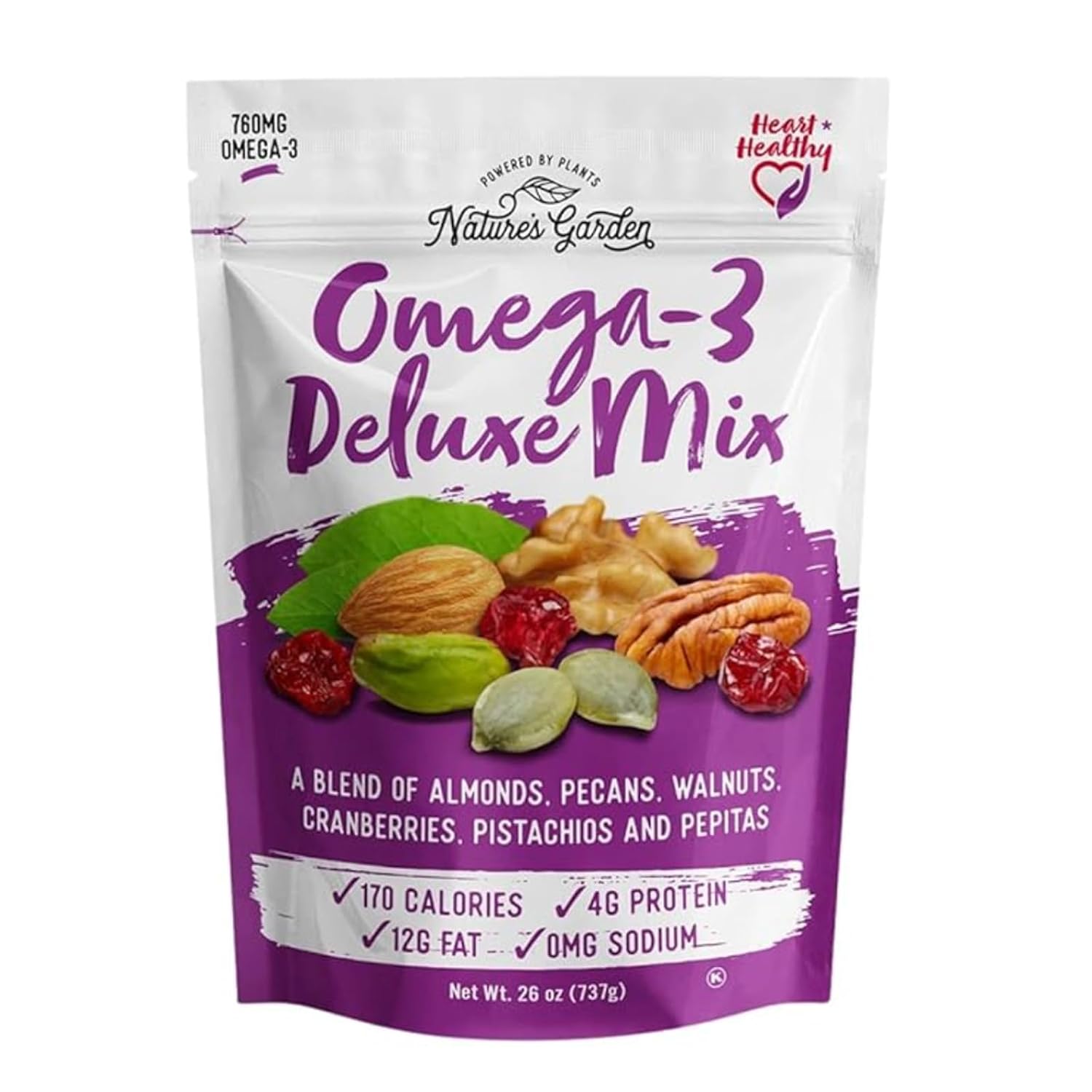 Nature's Garden Omega-3 Deluxe Mix – Power Up, Heart Healthy, Gluten Free, Antioxidant Rich, Cholesterol Free, Sodium Free, No Artificial Ingredients – 26 Oz Bag (Pack of 1)