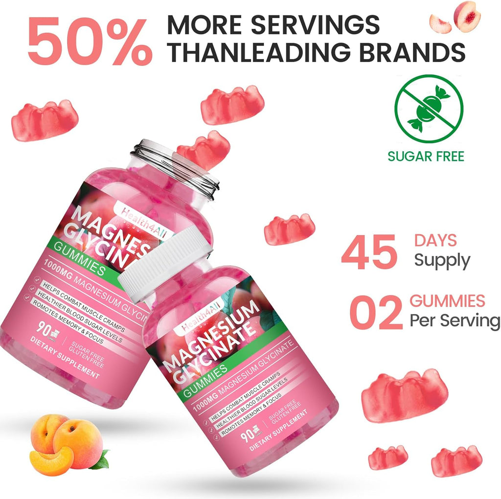 Magnesium Glycinate Gummies 1000mg, High Absorption Sugar Free Magnesium Potassium Supplement for Relaxation, Stress Relief, and Sleep Support for Adults & Kids - 90 Peach Gummies
