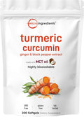 Turmeric Curcumin Supplement with Black Pepper & Ginger 3,000mg, 300 MCT Oil Softgels | 95% Curcuminoids | High Absorption | Healthy Joint Support for Men & Women | Non-GMO