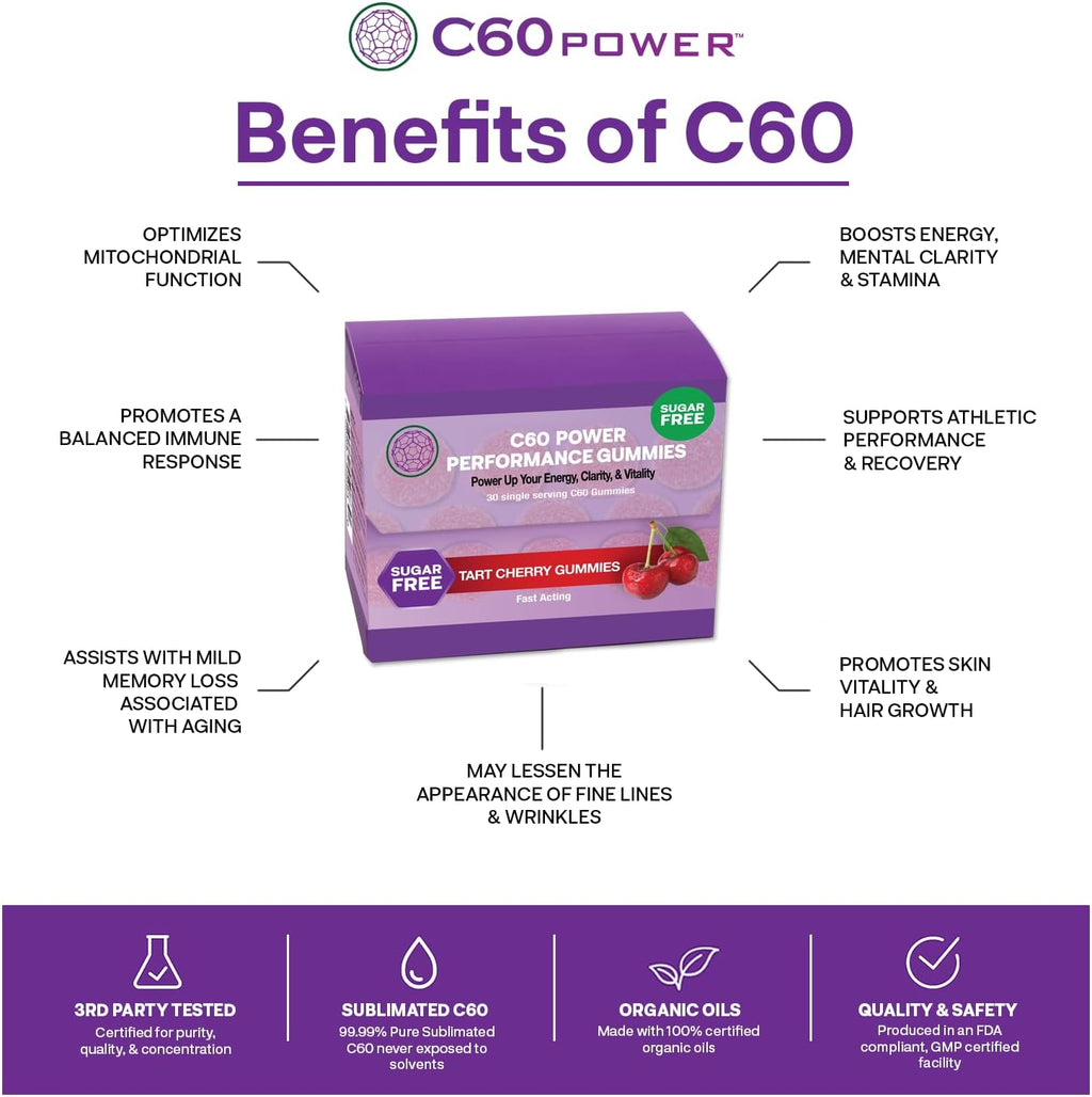 C60 Power Gummies, 1 Box Sugar Free Tart Cherry - 99.99% Pure, Sublimated C60Carbon Fullerenes and Organic Coconut Oil, Made in The USA, Supports Energy & Mental Clarity (30 Count)