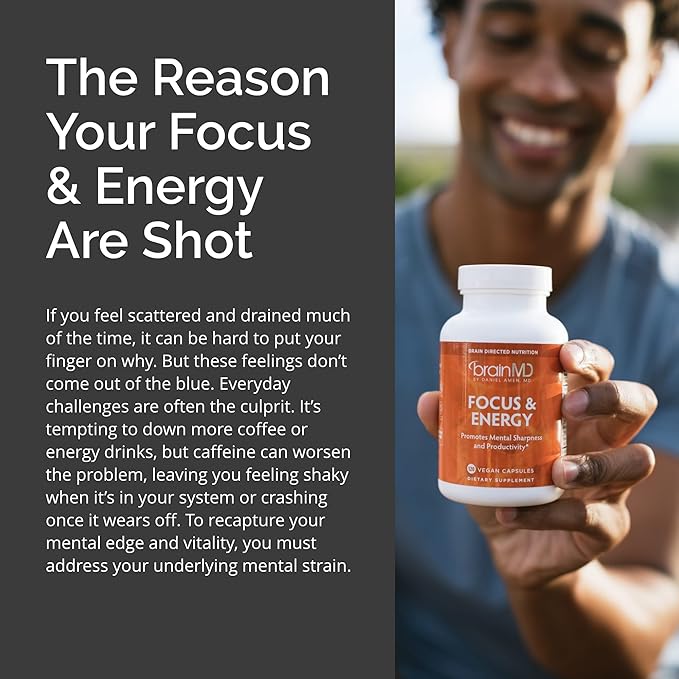 BRAINMD Dr Amen Focus & Energy - 120 Capsules - Mental Endurance Booster, Promotes Concentration & Attention - Caffeine Free, Gluten Free - 30 Servings