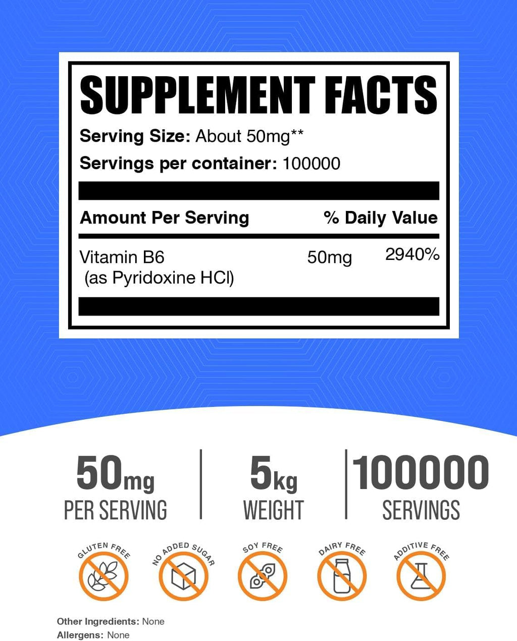 BulkSupplements.com Pyridoxine HCl Powder - Vitamin B6 Supplement, Vitamin B6 50mg - for Immune Support, Gluten Free, 50mg of Pyridoxine B6 per Serving, 5kg (11 lbs) (Pack of 5)