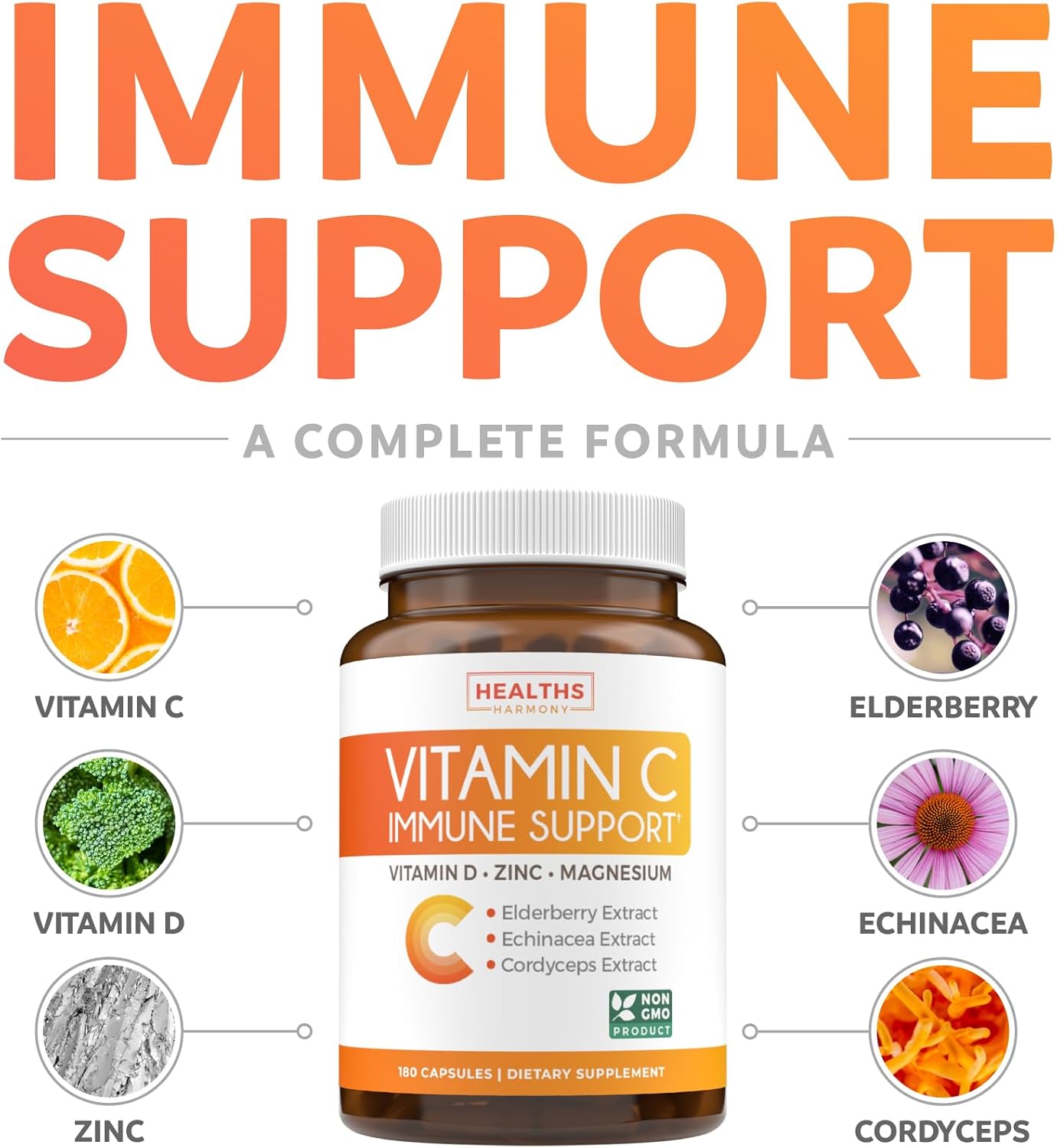 Vitamin C Immune Support Supplement - Immune Boost Blend with Elderberry Vitamin C and Zinc for Daily & Seasonal Support - Magnesium Zinc VIT C & D and Herbal Defense Complex (3 Months Supply)