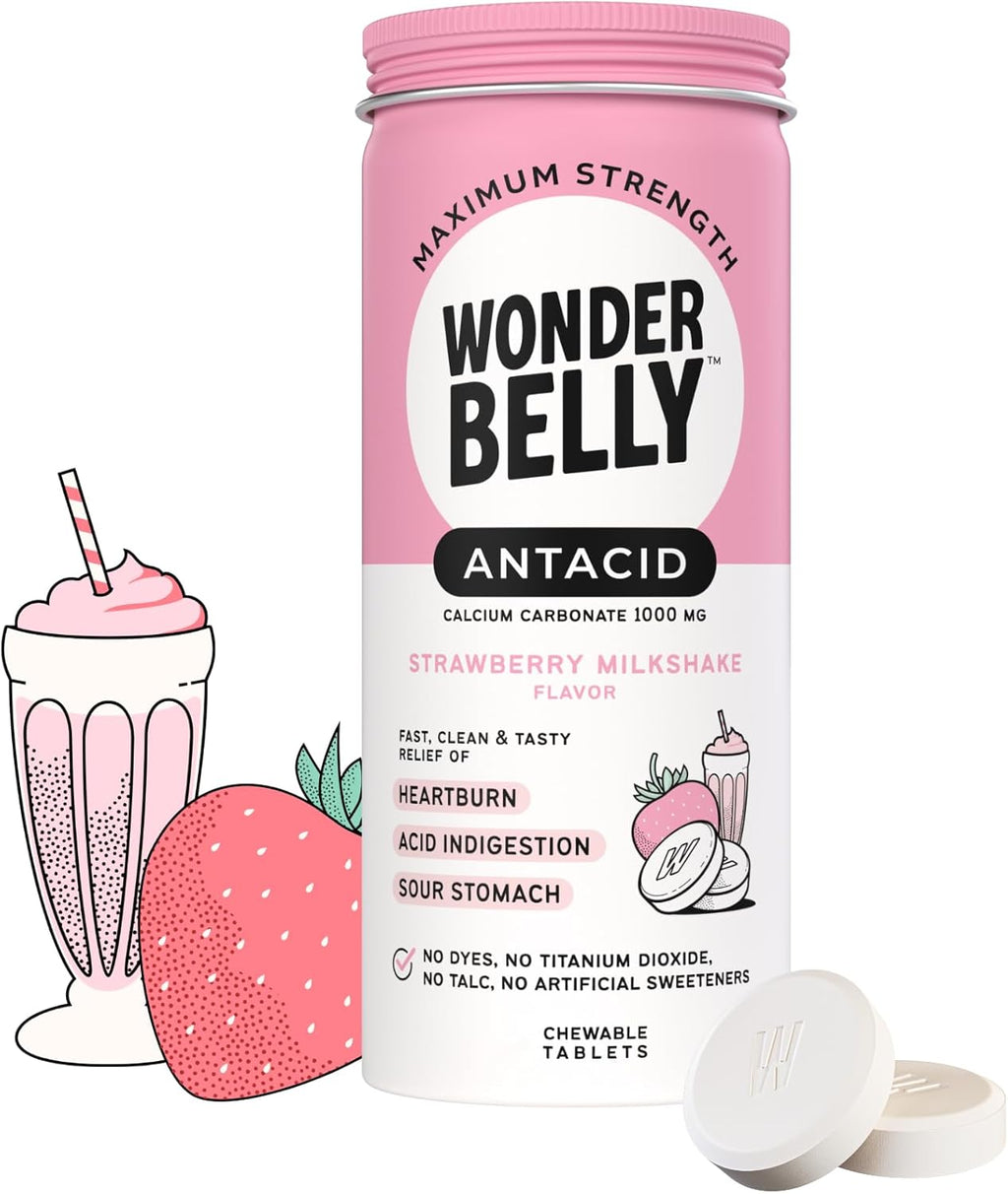 Wonderbelly Antacid Effective Heartburn and Instant Acid Indigestion Relief Extra Strength Chewable Tablets 1000 mg Calcium Carbonate No Talc or Dye Strawberry Milkshake 50 count
