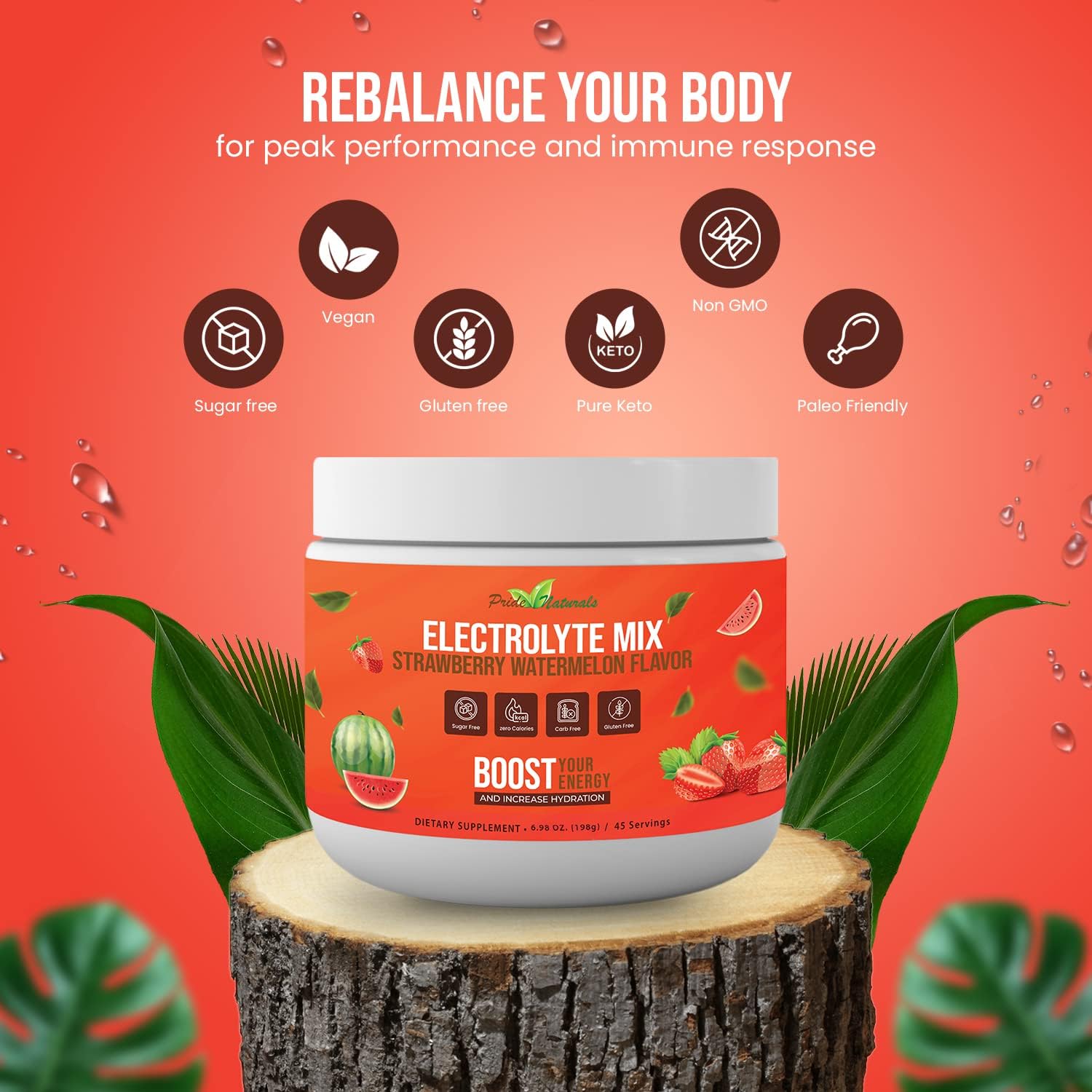 Electrolyte Powder - Refreshing Workout Recovery Electrolytes, Sugar Free, Gluten Free & Vegan, Pure Keto & Paleo Hydration Beverage, Immune Boosting Vitamins (198 Grams, Strawberry Watermelon)