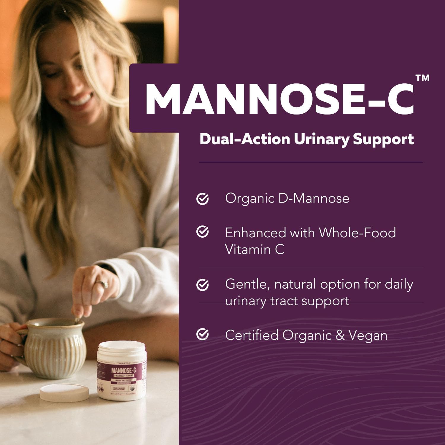 Mannose-C - Organic D Mannose Powder + Whole Food Vitamin C, Natural UTI Support Supplement to Flush & Cleanse Urinary Tract, Certified Organic Urinary Health for Women, Vegan, Non-GMO (60 Servings)