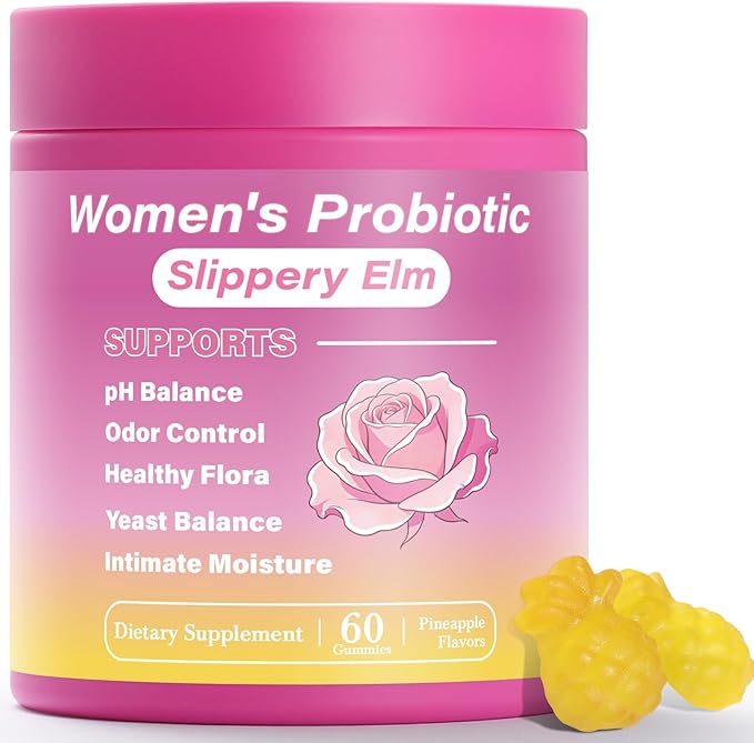 Her Juicy Feminine Probiotics Gummies for Women, Supports Natural pH Balance, Immune Health & Digestive Wellness with Slippery Elm - 60 Pineapple Gummies