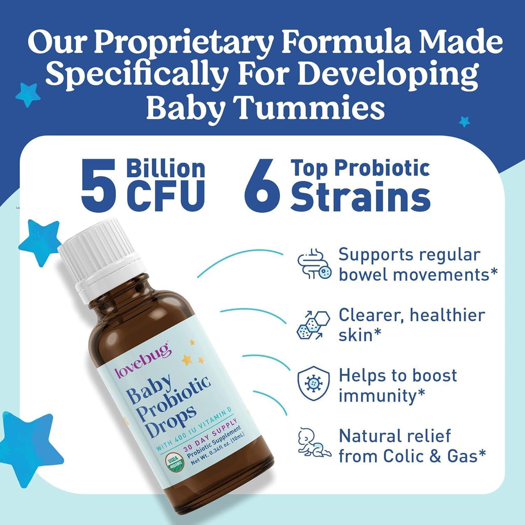 LOVEBUG Baby Probiotic Drops 0-12 Months - Organic Probiotics for Babies & Newborns, Supports Colic, Diarrhea and Infant Constipation Relief, Sugar-Free, Tasteless Liquid, 20ml