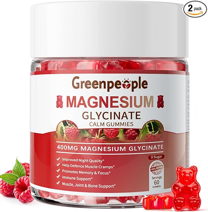 GREENPEOPLE Magnesium Glycinate Gummies 400mg - Sugar Free Magnesium Supplement with Magnesio Citrate, Vitamin D, and B6 for Calm Support & Sleep for Adults - High Absorption - Raspberry Gummies
