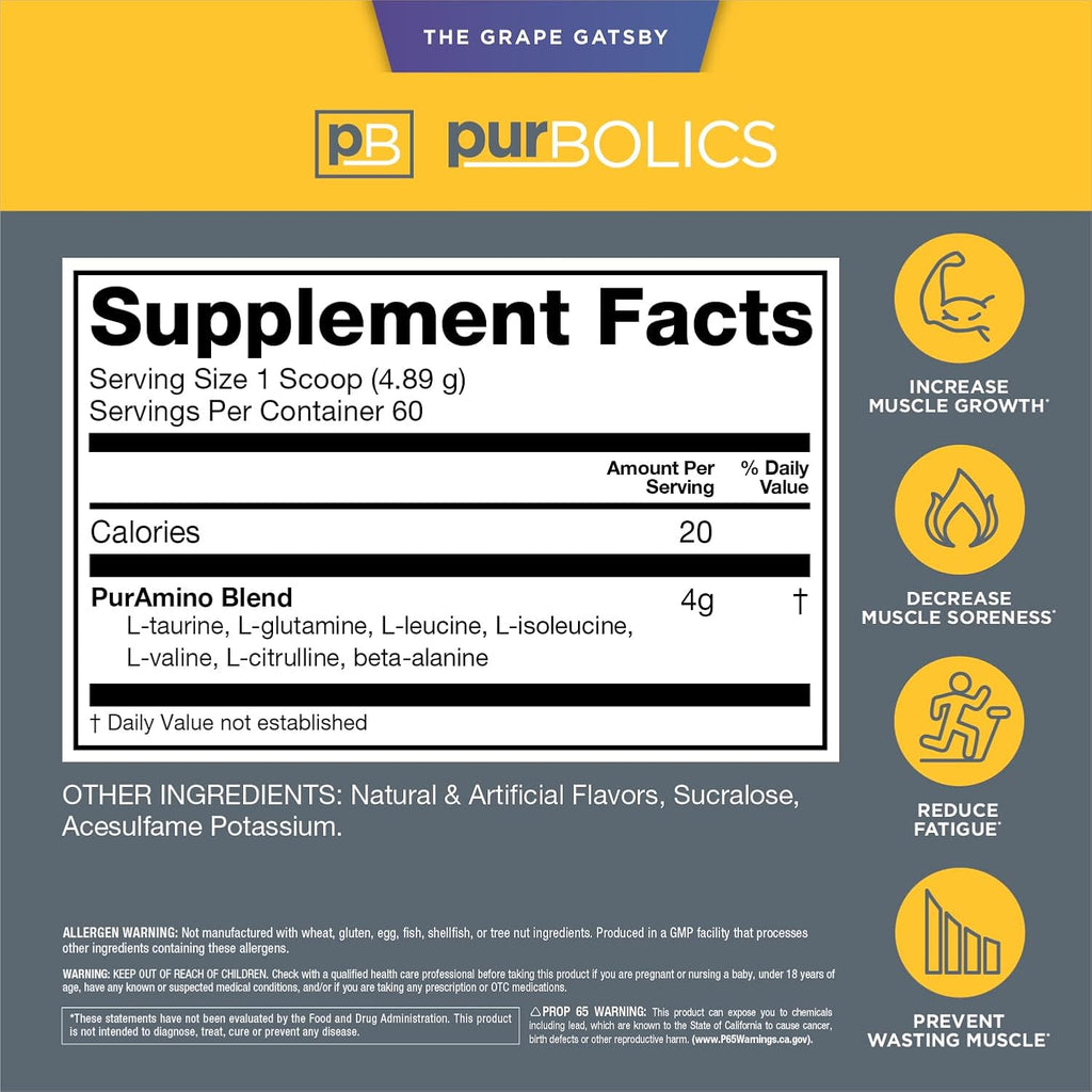 Aminos | 4g of Free-Form Amino Acids, Beta-Alanine, 0 Sugar & 60 Servings (Grape Gatsby)