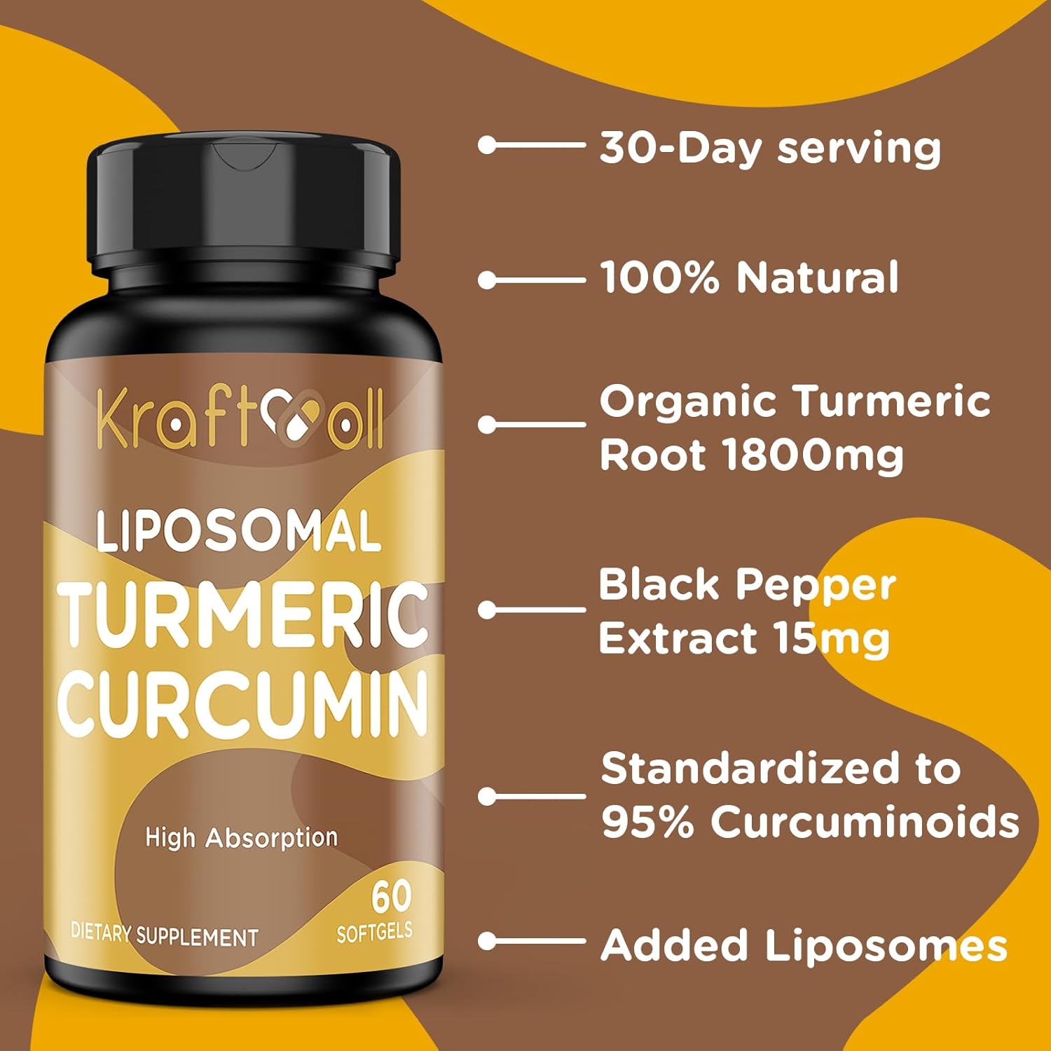 Liposomal Turmeric Curcumin 2200 mg with Black Pepper for Enhanced Absorption and Joint Support, 60 softgels (2 Bottles)