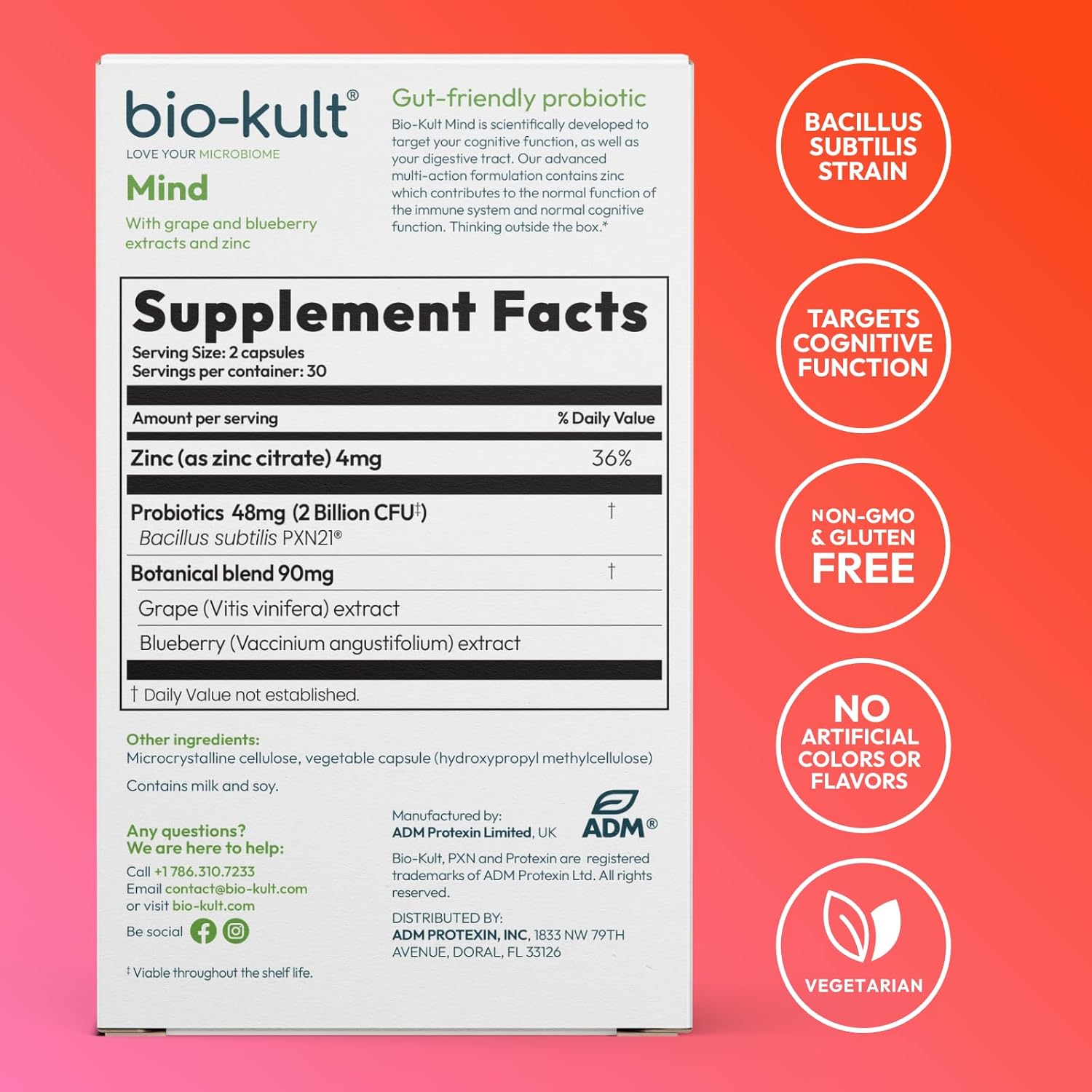 Bio-Kult Mind | Bacillus + Zinc, Grape & Blueberry Extracts | Brain & Gut Support | Cognitive Function | 60 Capsules