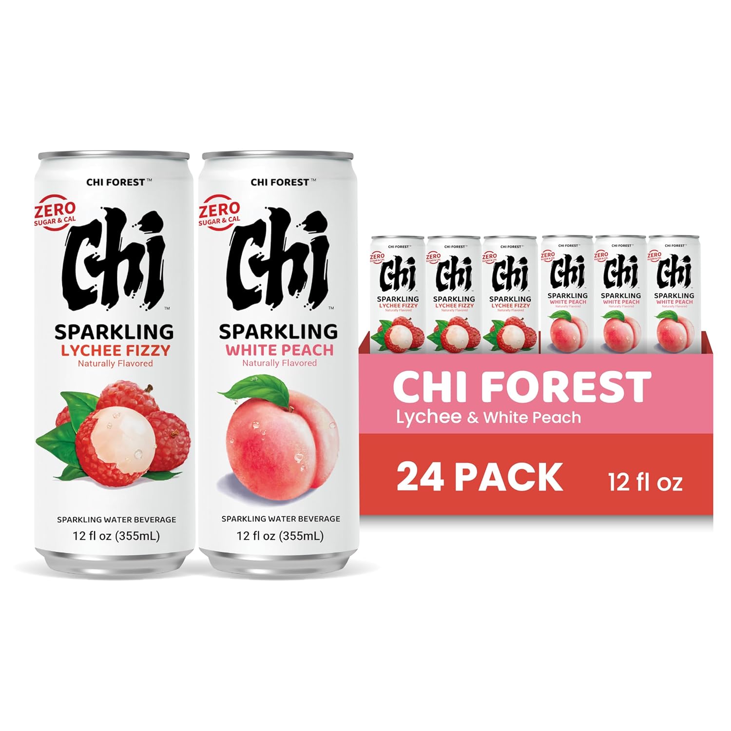 CHI FOREST Sparkling Water Beverage, Lychee & White Peach, 2 Flavors, Zero Sugar, 12 fl oz Cans (Pack of 24)