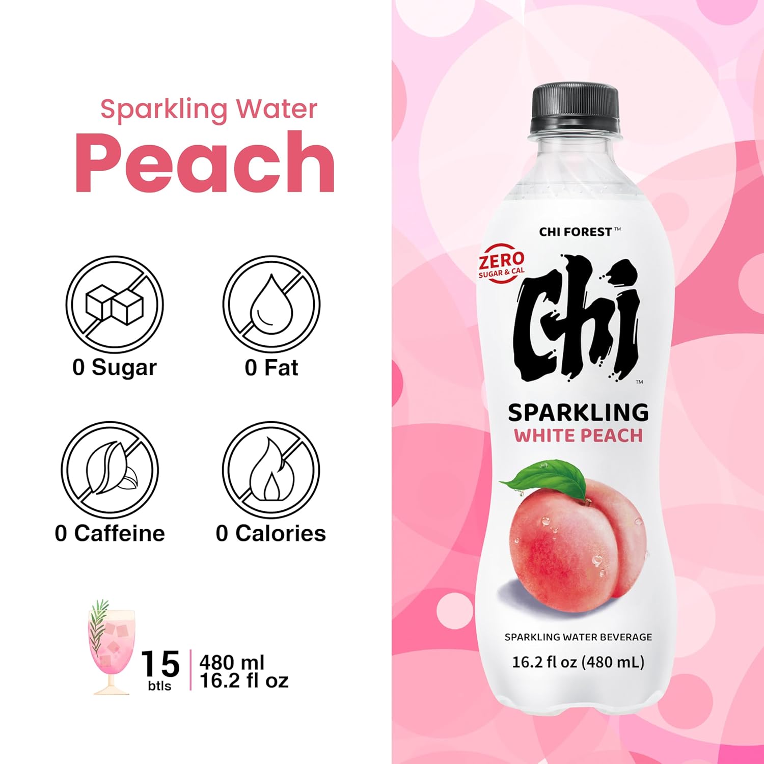CHI FOREST Flavored Sparkling Water Beverage, White Peach, Zero Sugar, 16.2 fl oz Bottles (pack of 15)