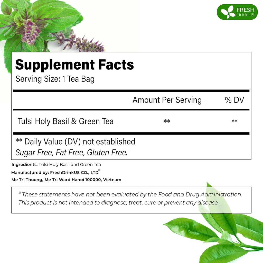 FreshDrinkUS, Premium 75 Tulsi Green Tea Bags, 100% Natural, Blend of Tulsi Holy Basil Leaves, and Green Tea Leaves. Made with Natural Material Tea Bags. No Sugar, Vegan.