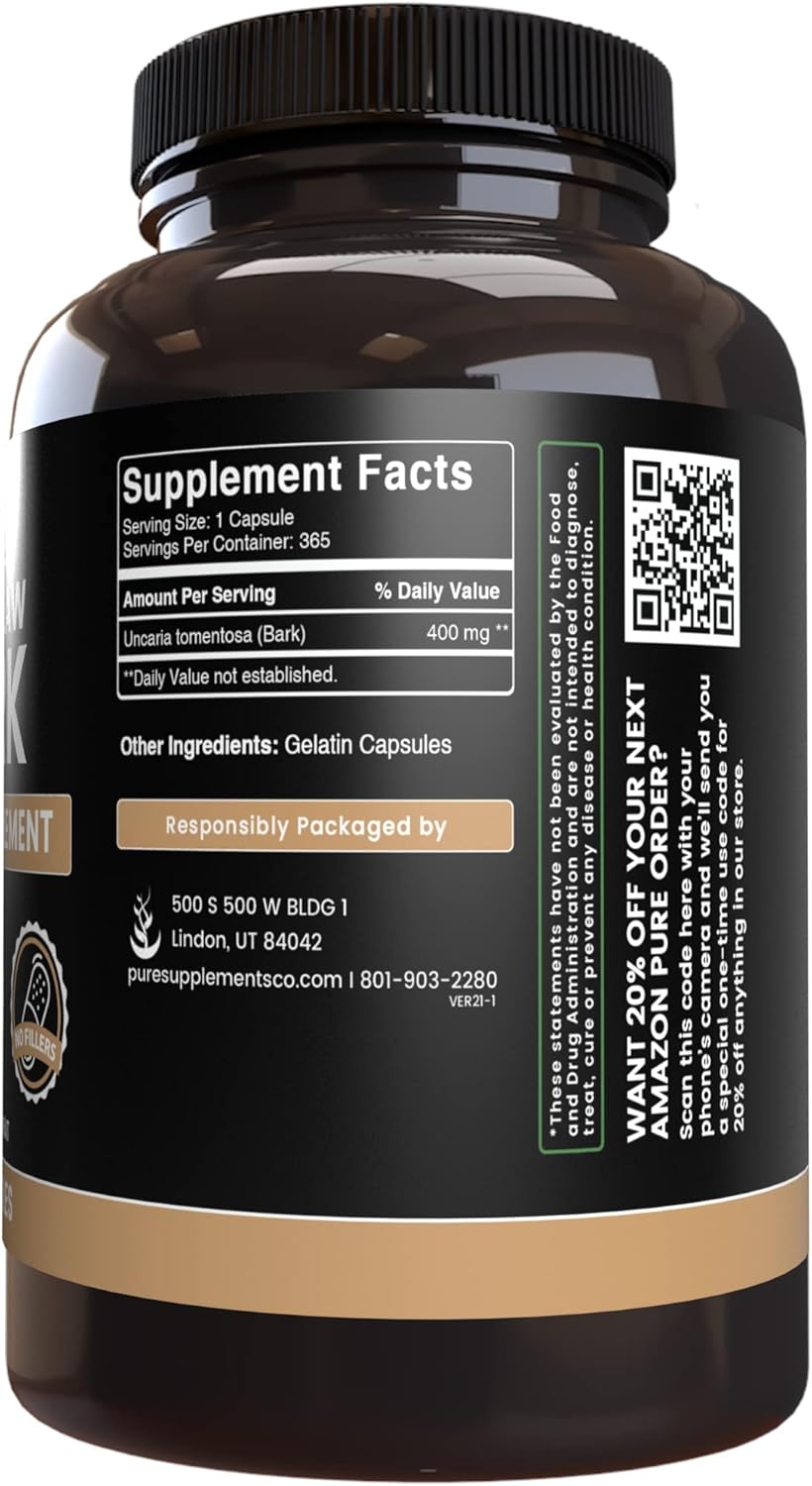Pure Original Ingredients Cat's Claw Bark (365 Capsules) No Magnesium Or Rice Fillers, Always Pure, Lab Verified