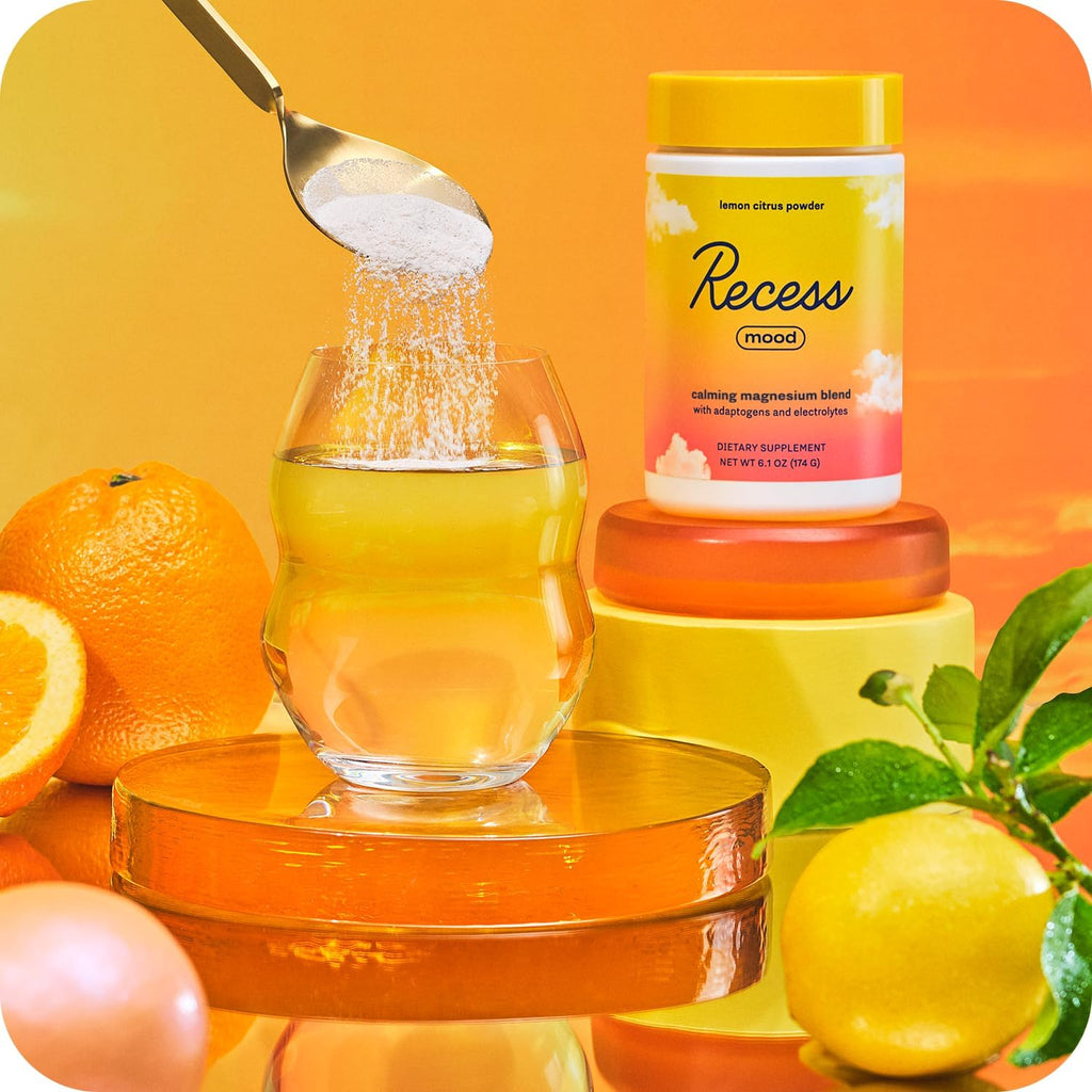Recess Mood Powder, Calming Magnesium L-Threonate Blend with Passion Flower, L-Theanine, Electrolytes, Magnesium Calm Support Powder Supplement - Lemon Citrus 28 Serving Tub