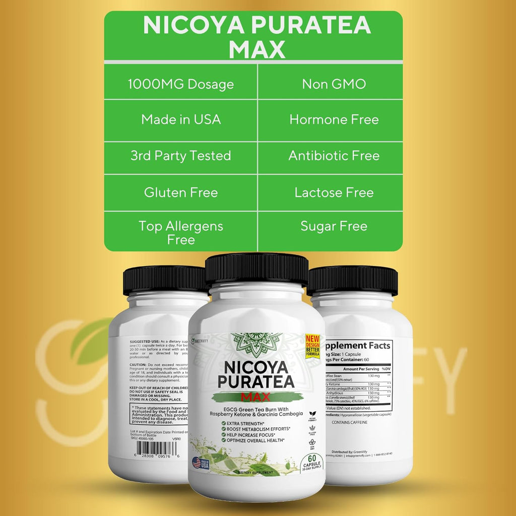 Nicoya PuraTea Max Green Tea Extract & Green Coffee Bean for Metabolism Support, Natural Energy Boost, Antioxidant-Rich Supplement – 180 Capsules