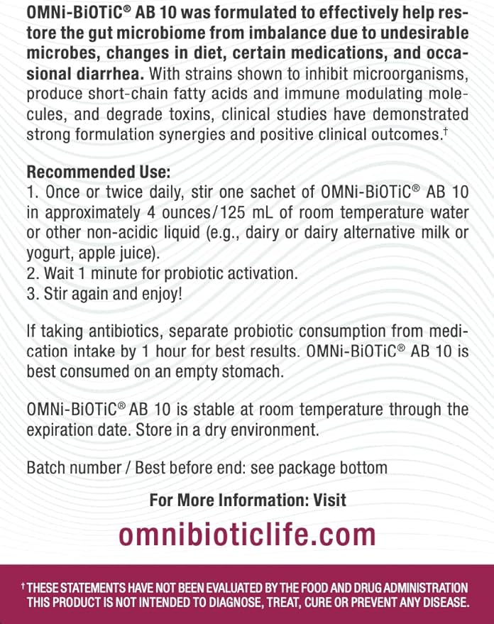 OMNi BiOTiC AB 10 - Clinically Tested Restorative Probiotic - Supports & Restores Gut Flora & Digestion - Digestive Probiotic for Diarrhea - Vegan, Hypoallergenic, Non-GMO (30 Daily Packets)