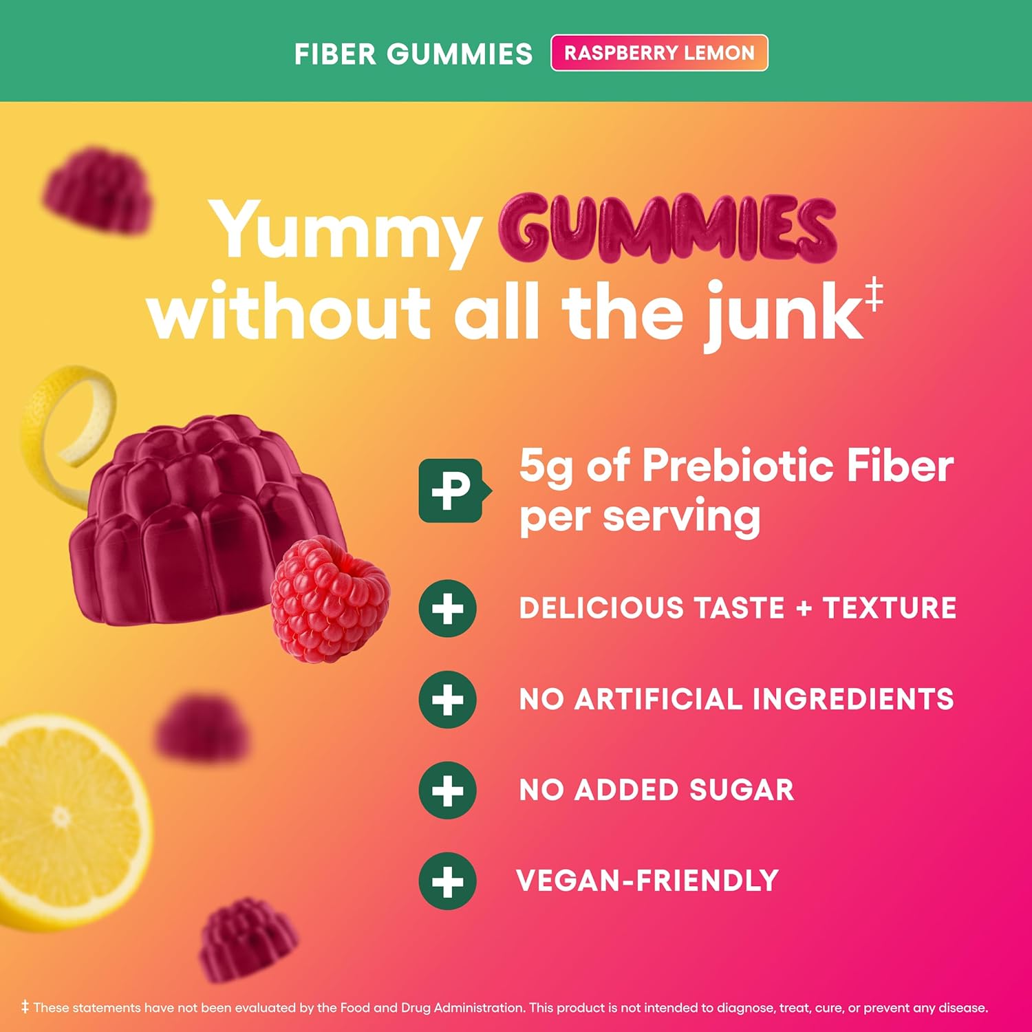 Physician’s Choice Fiber Gummies for Digestive Health & Regularity - Raspberry Lemon Flavor - No Sugar Added & Vegan - Natural Chicory Root Prebiotic Fiber - Daily Gummy for Adults, Women & Men - 60CT