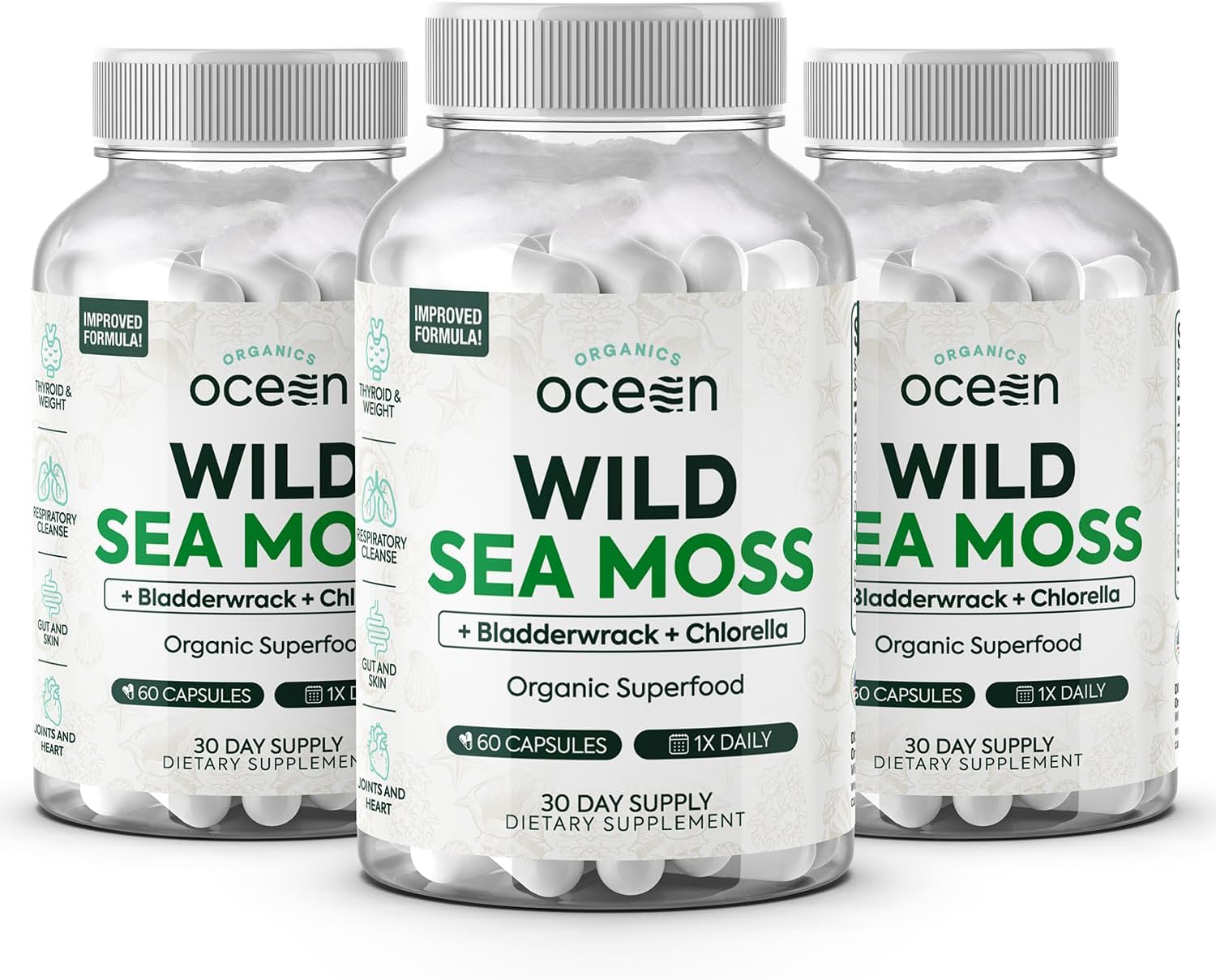 Wild Sea Moss Capsules - 100% Organic Irish Sea Moss with Organic Chlorella, Bladderwrack and Vitamin D for Energy, Lung Health and Thyroid Support for Women and Men - 3 Bottles