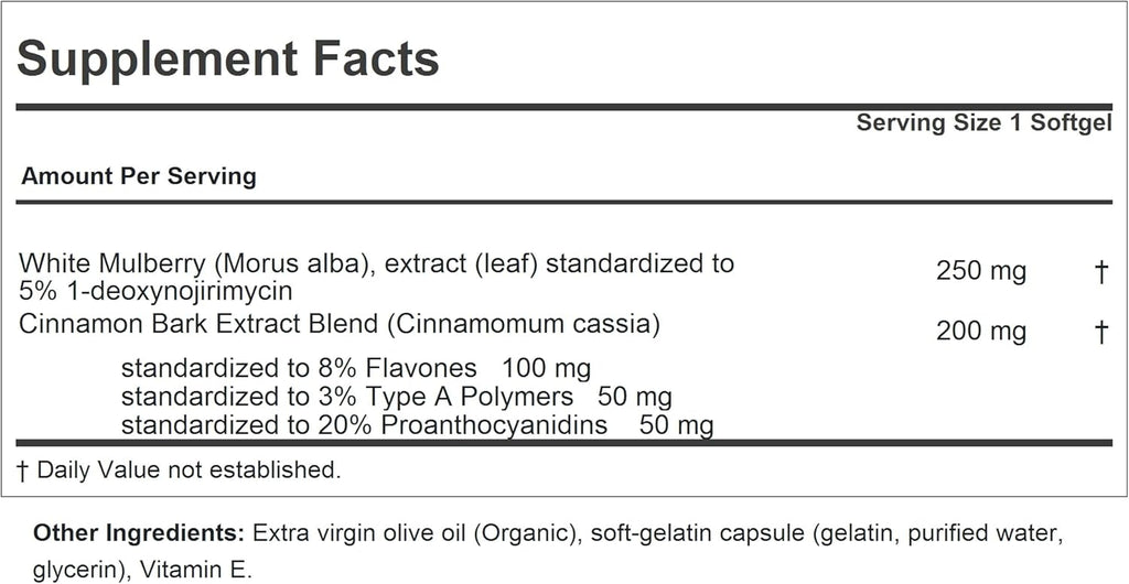 ANDREW LESSMAN White Mulberry Leaf with Cinnamon 30 Softgels - Standardized White Mulberry Leaf with Cinnamon Bark Extract.