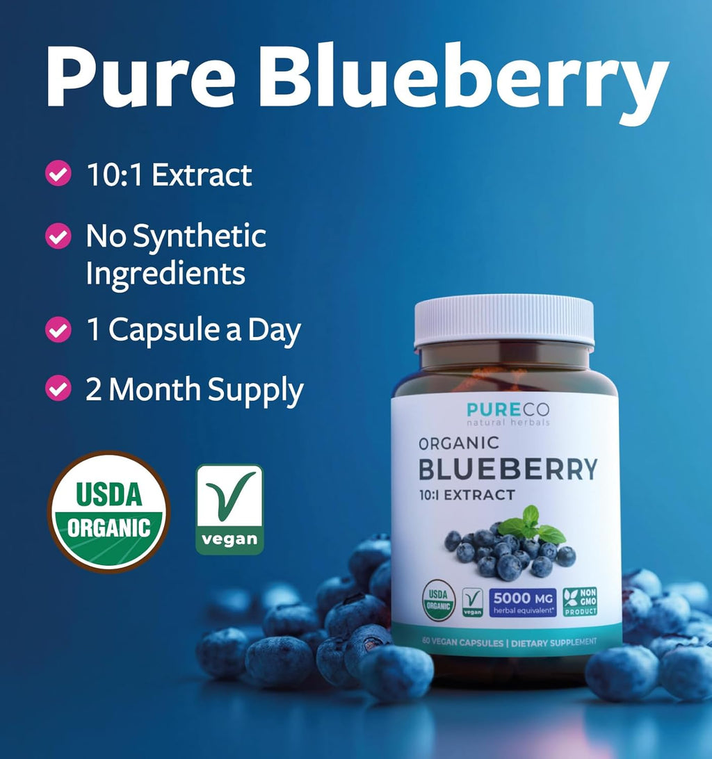 Certified Organic Blueberry Extract Capsules - High Potency 10:1 Blueberry Supplement with 5000mg Herbal Equivalent for Wellness Brain & Immune Support - Vegan Non-GMO & Lab Verified (2 Month Supply)