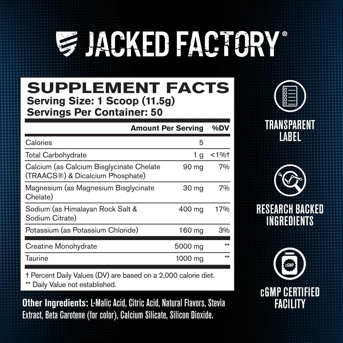 Jacked Factory Creatine + Electrolytes - Creatine Monohydrate with Taurine, Calcium, Sodium, & Potassium to Increase Muscle Growth, Strength, Hydration, & Endurance - 50 Servings, Peach Mango